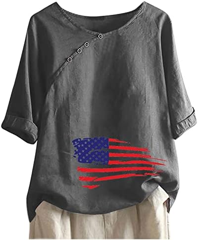 Patriotismo das mulheres de Uikmnh Bloups de pescoço de bateam de verão camisa de linho de linho de algodão de meia manga