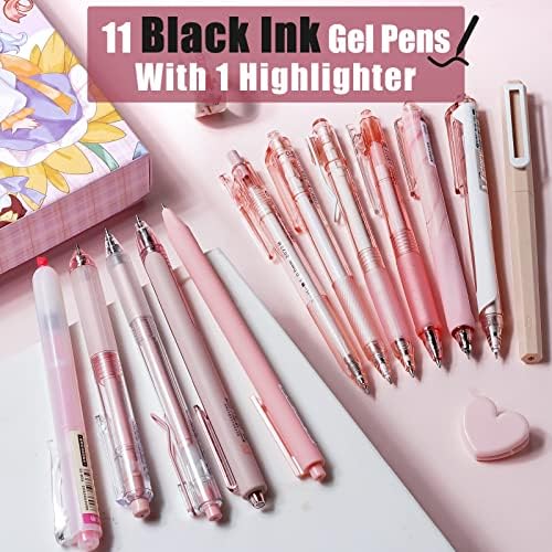 Four Candies 12pack Pastel Gel Ink Caneta Conjunto, 11 pacote de canetas de tinta preta com marcador de 1pack para escrever, canetas retráteis de gel de ponto fino de 0,5 mm, canetas fofas de pegando canetas para o escritório da escola
