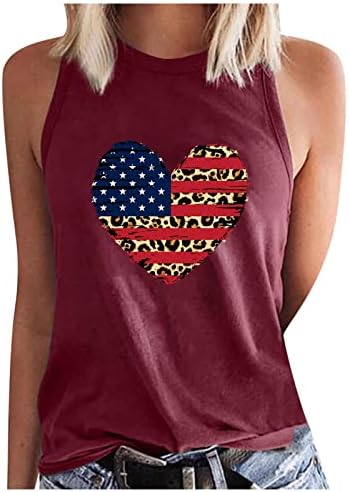 Tampa de tanque de bandeira americana fofa para mulheres de verão, camisetas com leopardo de leopardo casual, leopardo gráfico