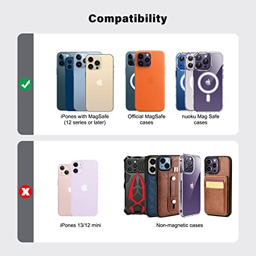 Nuoku projetado para carteira MagSafe, suporte de cartão magnético de couro para iPhone 14 Pro Max/14 Pro/14 Plus/14 e 13/12 Series, não compatível com 13/12 mini