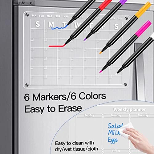Calendário magnético acrílico para geladeira, 2pcs Clear Magnetic Dry Aframel Board, planejador reutilizável com 6 marcadores