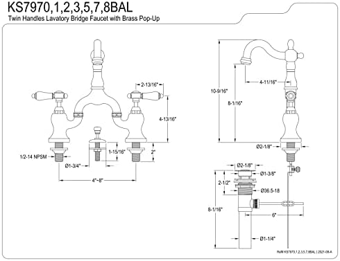 Kingston Brass KS7970 BAWLE HELIGHOL BRIÇÃO Torneira de banheiro com pop-up de latão, preto fosco