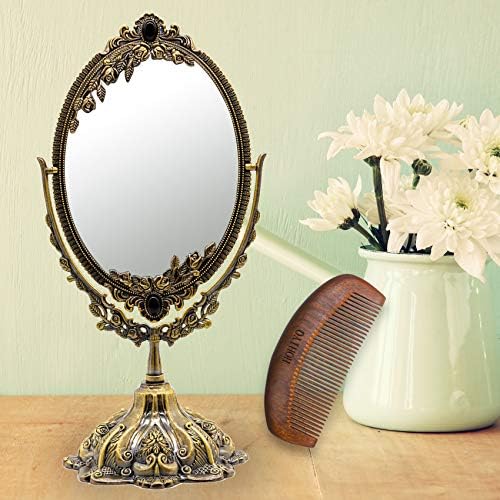 Espelho de mesa de maquiagem vintage de Hohiyo com pente de madeira, espelho oval de mesa de dois lados de mesa de dois lados