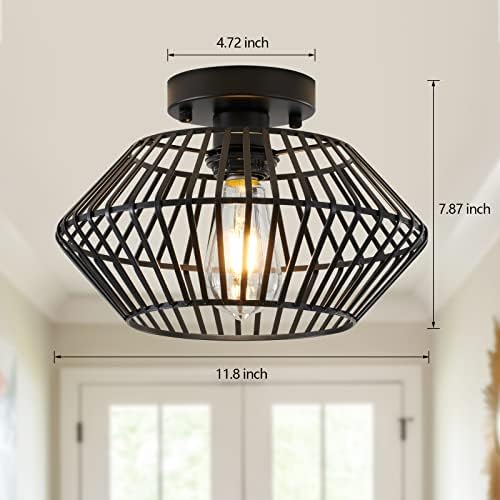 SglFarmty Farmhouse Black Semi Flush Mount Teto Lighttle, Montagem do teto do corredor da gaiola de metal, luminária de teto, lâmpada