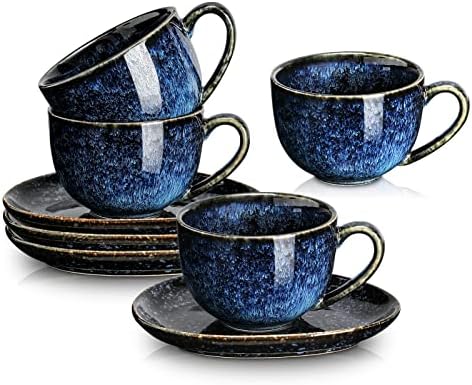 Vicrays de 6,5 oz de xícaras de cappuccino com pires, conjunto de 4, xícara de café em cerâmica para Au Lait, tiro duplo, café com