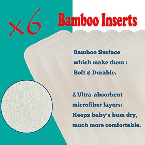 Anmababy 6 fraldas de pano de bolso reutilizáveis ​​+6 inserções de bambu e 1 saco seco/molhado.