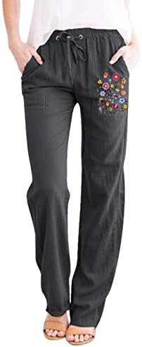Calças de linho mtsdjskf para mulheres, calças linhas de linho de cordão larga de cintura elástica lisa com calças de trabalho