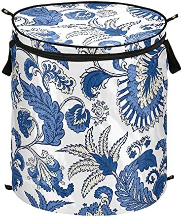 Flores Floral Blual Pop Up Laundry Horse com tampa de cesta de armazenamento dobrável Bolsa de roupa dobrável para camping berçário