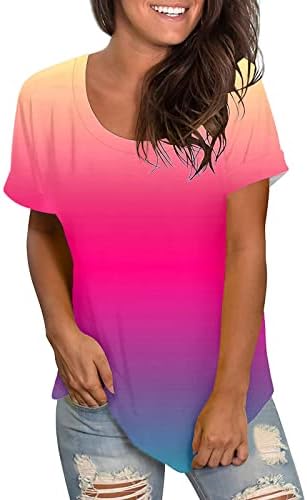 Camisetas de tamis de manga curta para mulheres mulheres casuais gradiente multicolor redondo pescoço de manga curta