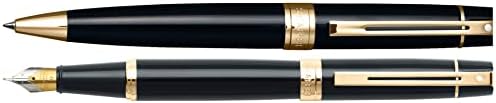 Sheaffer 300 Duo Black Lacquer e Gold Nomitments Limited Series com ponto branco de excelência e caneta -tinteiro de ponto médio de banda larga e caneta esferográfica.