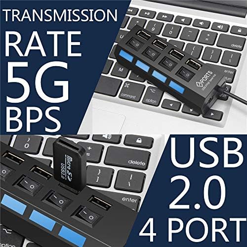 4 Port Hub USB com interruptores de energia LED individuais, 4 porta USB 2.0 Data Hub de alta velocidade até 5 Gbps compatíveis com laptop PC e outros dispositivos…
