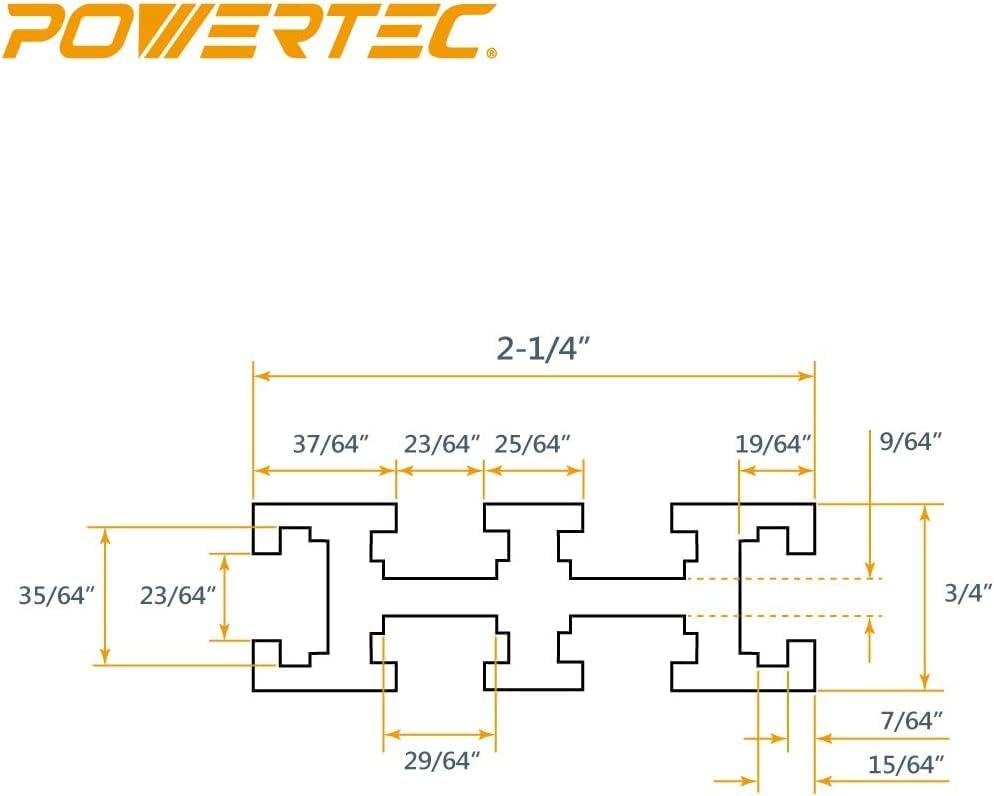 Powertec 71182V Multi-Tracks T | 36 ”de comprimento - 2-1/4” de altura | Extrusão universal de alumínio T rastreio para trabalhar