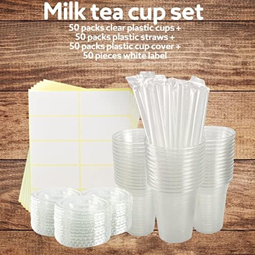 50 conjuntos de xícaras de plástico transparentes com tampas planas, xícaras de café descartáveis ​​de 16 onças com palha e adesivos,
