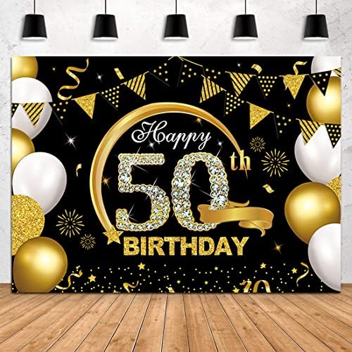 5x3ft feliz 50th aniversário banner cenário preto e ouro decorações de 50º aniversário para homens mulheres 50 aniversario, sinalização de festas de festas de cinquenta anos