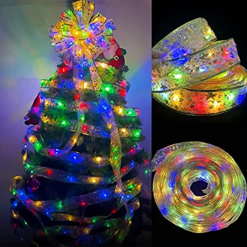 Fita de Natal prateada com luzes coloridas, 16,4 pés x 2 polegadas fita de organza com 50 luzes coloridas, luzes de fada de fada de fada para festas para festas de ano novo