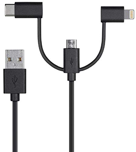 MONOPRICE 118789 Apple MFI Certificado USB para micro USB + USB Tipo -C + Lightning Cable e Sync - 3 pés - preto