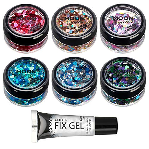 Glitter místico robusto por lua glitter - glitter cosmético para rosto, corpo, unhas, cabelos e lábios - 0,10oz - conjunto de 6