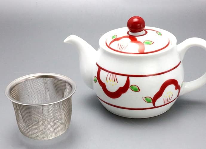 ARITA WARE RED PINTURA POT, ARITA WARE MADE no Japão, bule de chá, chá verde, chá de arroz integral, 14,2 fl oz, xícaras de chá, 2 a 3 xícaras, vermelho, padrão floral, presente, fácil de segurar, inclui cesta de chá,