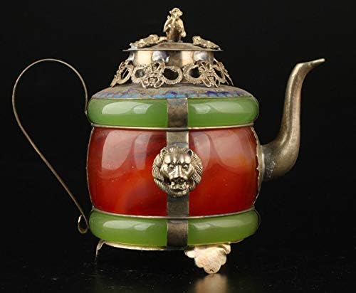 Trabalho manual chinês Old Green & Red Jade Incloy Tibet-Silver Lion Bule