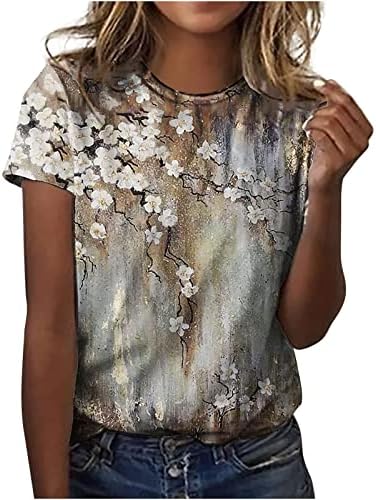 Camiseta casual para mulheres 2023 Manga curta Crewneck Boat Algodão Graphic Print Floral Fit Blouse FR FR