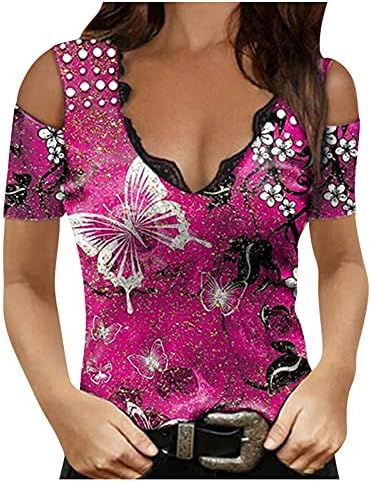 Tops estampados florais para mulheres de renda de renda V camisetas de pescoço túnica de camiseta de pulverização fina casual