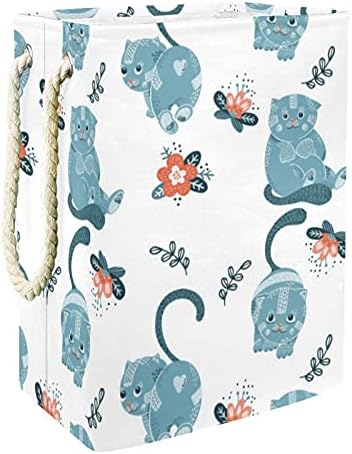 Cartoon Blue Cats Flowers Roundry Turgo com alças grandes cestas dobráveis ​​para lixeira, sala de crianças, organizador de casa, armazenamento de pano, 19.3x11.8x15.9