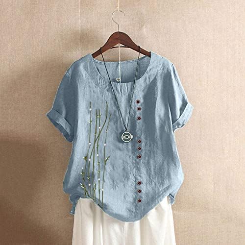 Tops de verão para mulheres de manga curta Button Crewneck decors t camisetas 2023 linho de algodão Baydoll tops plantas