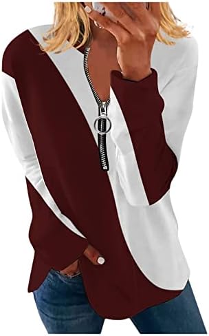 Tops femininos e blusas Casual Casual 2022 Moda de manga longa Camisas de outono zíper V Camisa de túnica de ajuste solto
