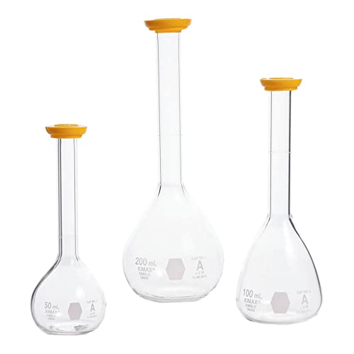 Kimax 28008-200 Borossilicate Glass 200ml, +/- 0,10 ml de tolerância, parte superior estreita com frasco volumétrico de classe