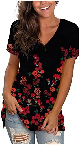 Camisa de blusa de algodão para mulheres de verão outono de manga curta 2023 Deep v pescoço gráfico impressão floral blusa