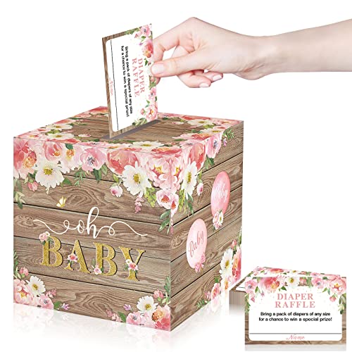 PAJEAN 50 PCS Floral Floral Raffle Tickets com caixa de cartão Decorações de porta -chá de bebê para a festa de inserção
