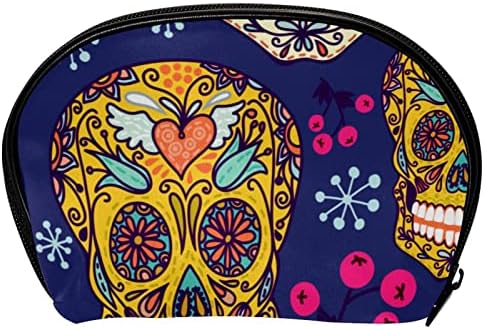 Bolsa de maquiagem de viagem, bolsa de cosméticos Caso organizador, para mulheres de produtos de higiene pessoal, escovas, crânio de açúcar mexicano com flores