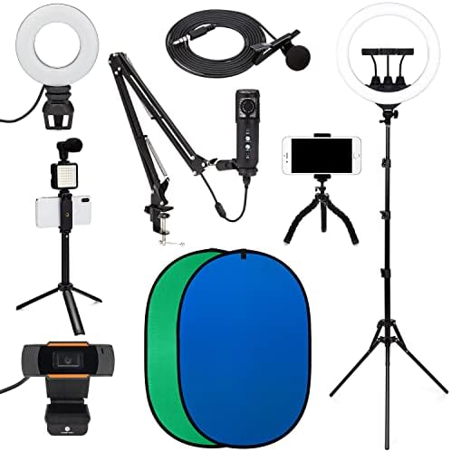 Kit de vlogging para iPhone, desktop, Android, luz de anel de 18 5 pés+, microfone e braço de lança, tela azul e verde de 6,5 pés, kit de vlogging portátil, webcam de 1080p e muitos mais! $ 300+ valor