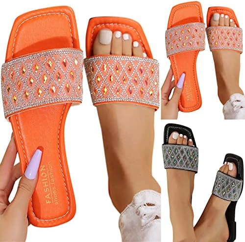 Sandálias de slide glitter de Waserce para mulheres Moda Moda e verão Mulheres chinelas planas de fundo quadrado de dedão do dedo do pé aberto