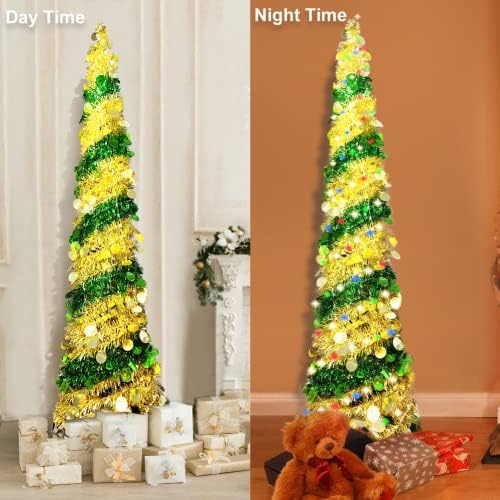 Pop -up Christmas Tinsel Tree, Tinsel de Natal dobrável de 5 pés com 50 luzes LED de cor, árvore de Natal de lápis fino, decorações de Natal de Halloween para ao ar livre, varanda, lareira, canto e quarto