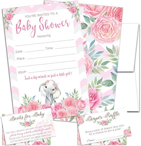 Elefante Floral - Convites de chá de bebê Roses rosa, com envelopes e bilhetes de sorteio de fraldas. Conjunto de 25 Convites