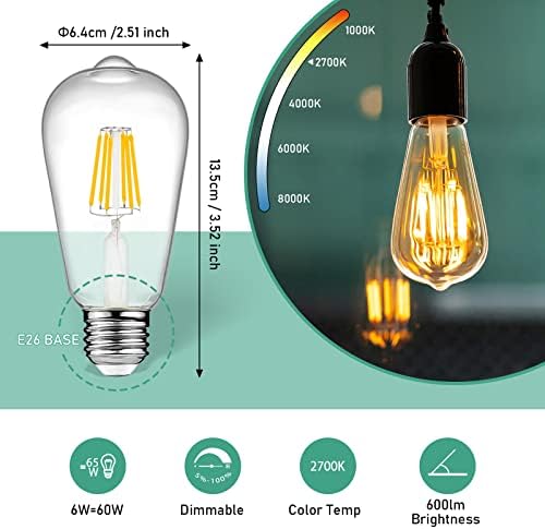 Eagwell Vintage Led Bulbs Edison, 6W equivalente 60W, Alto brilho quente 2700k, ST64 LED antigo Filamento Bulbs com mais de