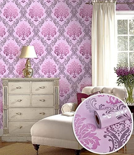 Yifu Life F9122 Damask Peel and Stick Wallpaper 17,7 × 9,8 pés rosa Removável Vinil Auto -adesivo Lineador de prateleira de