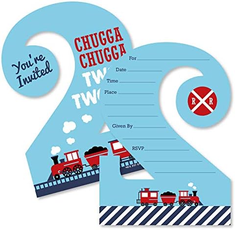 Crossing de festa de ferrovia de 2º aniversário - Chugga Chugga dois convites de preenchimento em forma de dois - para transmitir cartões de convite para festas de segundo aniversário com envelopes - conjunto de 12