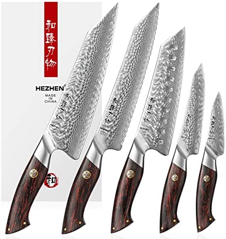Conjunto de faca de aço de Hezhen Damasco 5pcs, Kitchen Chef Knife Paring Utility Santoku Knife Bread, G10 Handle