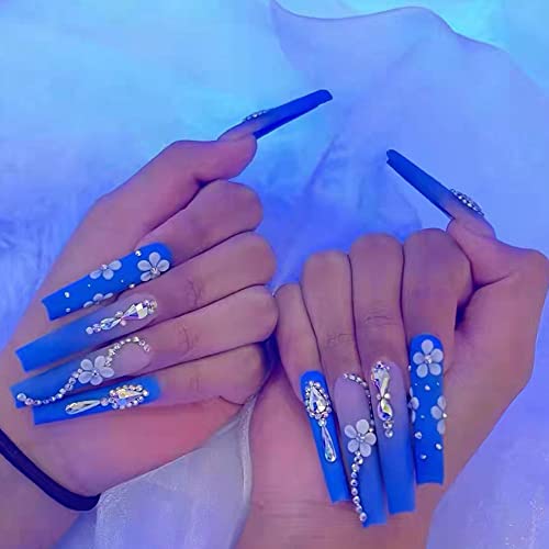 Xerling Pressione há muito tempo com strassils falsos unhas com desenhos Flores de caixão azul unhas falsas para mulheres Bling Crystal Stick On Nails 24pcs