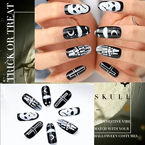 Pressione oval uraniano em unhas médias crânio preto preto unhas falsas Halloween unhas falsas impressas de acrílico de capa