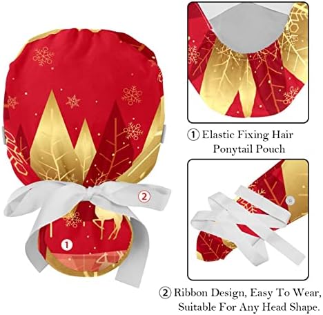 Capas médicas para mulheres com botões de cabelo comprido, boné de trabalho ajustável de 2 peças, floresta de inverno de Natal vermelha