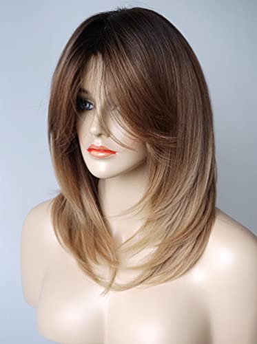 Perucas de comprimento médio perucas em camadas com franja ombre peruca marrom com destaque de peruca sintética para mulheres brancas para mulheres brancas