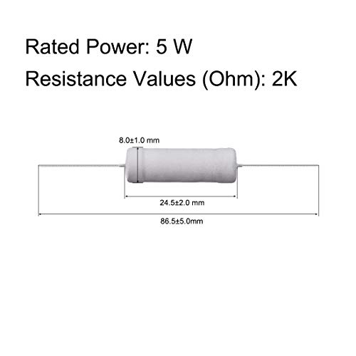 UXCELL 10PCS 2K OHM Resistor, 5W 5% Tolerância Resistores de filmes de óxido de metal, chumbo axial, prova de chama para projetos