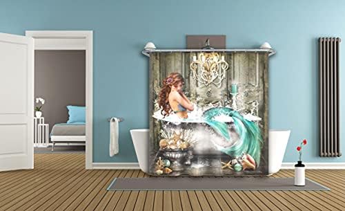 ELC Designs Grupo Fantasia Mermaid Print Polyster Bathtub Curtain, ganchos incluídos, decoração de casa