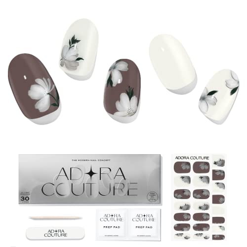 Tiras de unhas de gel semi -curadas ADORA Couture 30pcs | Floral em adesivos de unhas de gel branco | Kit completo de envoltórios de unhas para mulheres | UV necessário