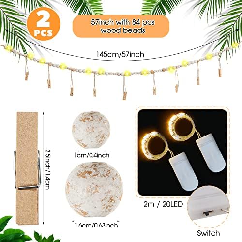 2 PCs LED WALL PANHING Photo Display com miçangas de madeira Boho Garland Decor 4,75 pés Luzes de cordas com 9 cutucadores