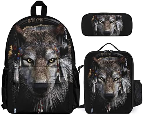 Backpack de lobo americano Americano Backpack Bag Box e Lápis Case 3 Peças para meninos Meninas Meninas Viagem da escola