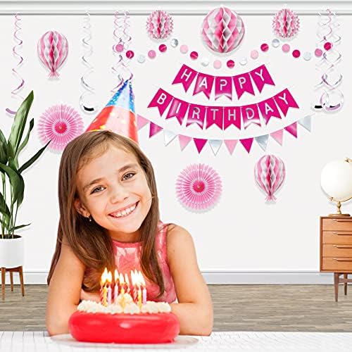 Decorações de feliz aniversário reutilizáveis ​​premium - decorações de aniversário para mulheres e meninas - Banner de feliz aniversário e papel decorações de aniversário rosa - decorações de festas de aniversário para meninas, suprimentos de festa